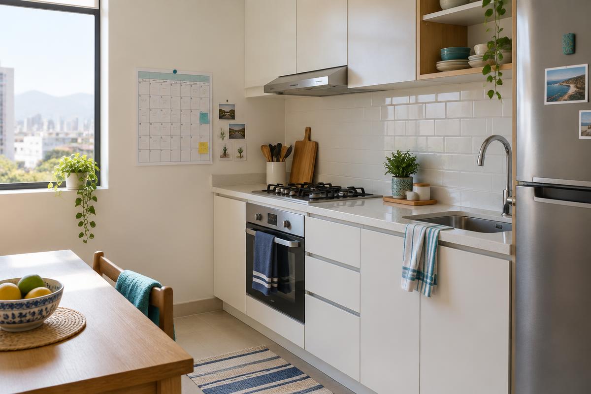 Calendario de limpieza del hogar pegado en la pared de una cocina ordenada