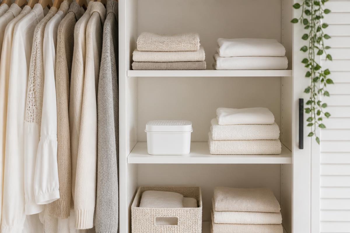 Closet ordenado con ropa doblada y deshumidificador de armario para evitar el olor a humedad