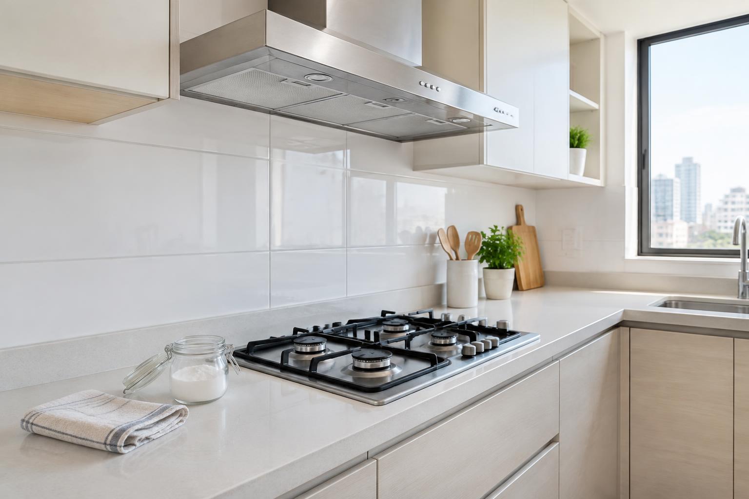 Cocina limpia y ordenada con campana extractora, paño y bicarbonato sobre la encimera